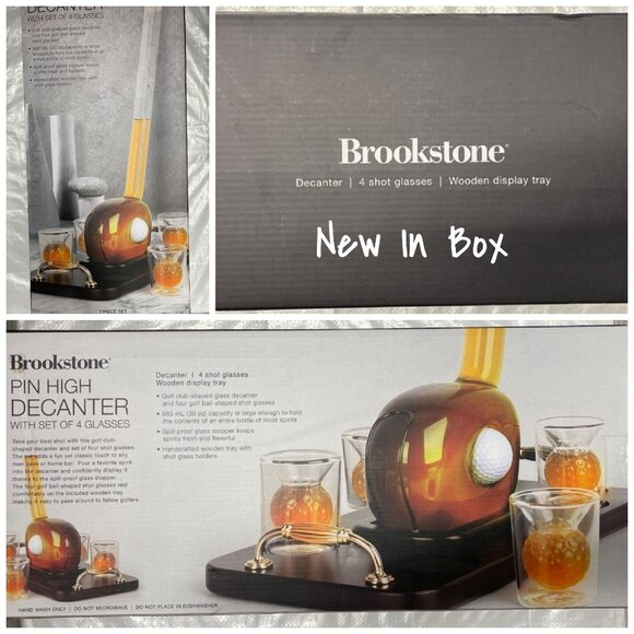 Brookstone Pin High Decanter Set with 4 Shot Glasses & Wooden Tray - New - Picture 1 of 7